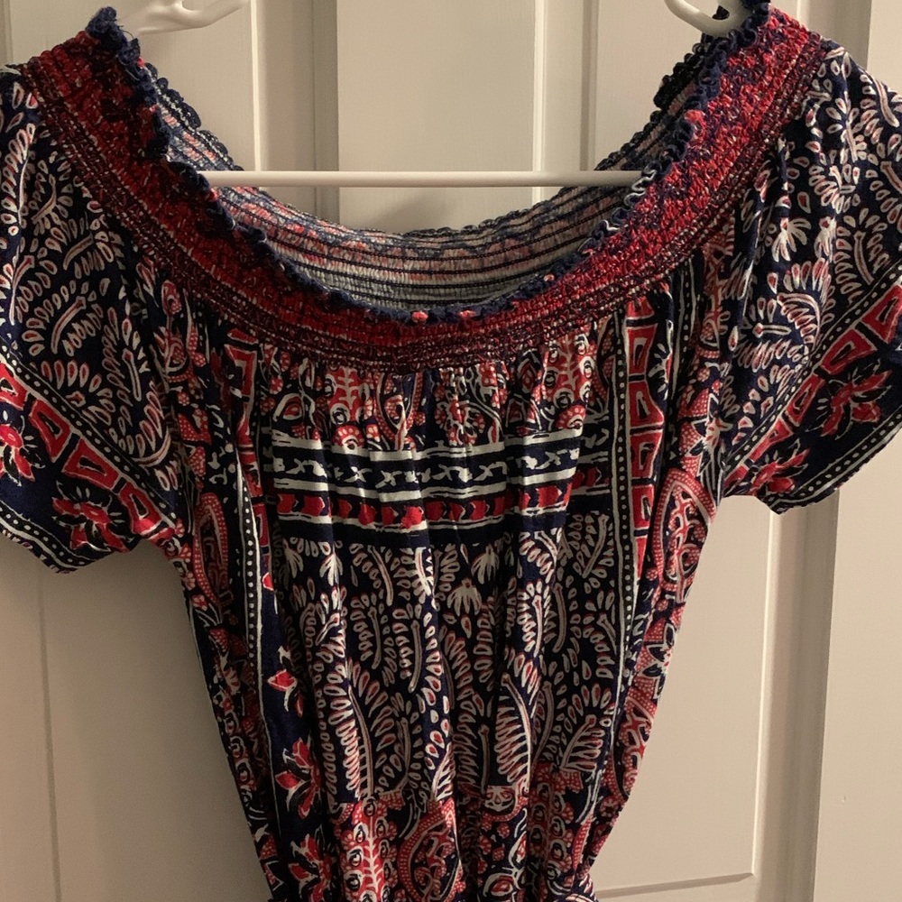 Red and navy print dress